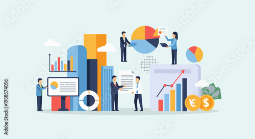 Team analysis, financial data visualization with charts, graphs, and currency symbols