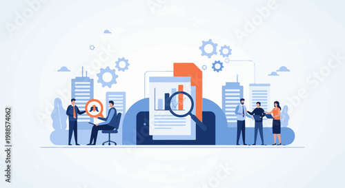 Professionals collaborating and analyzing data in an urban setting with abstract geometric elements