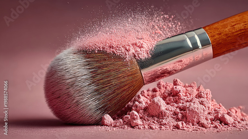 Closeup of a makeup brush with pink powder on a pink background.