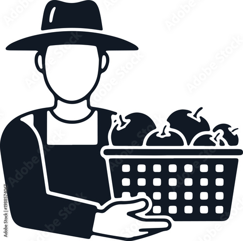 Farmer holding basket of apples symbol on transparent background.