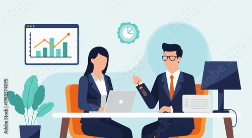 Two professionals in suits discussing business at a table with a laptop and computer