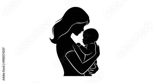 Mother Silhouette Tenderly Cradling Her Newborn Baby, Expressing Love and Maternal Care on an Isolated White Background
