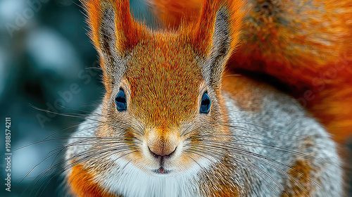 Closeup of a Red Squirrel with Bushy Tail in Winter.