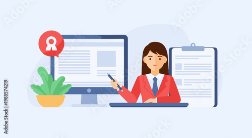 Woman in red suit pointing at computer screen with notification, desk with clipboard