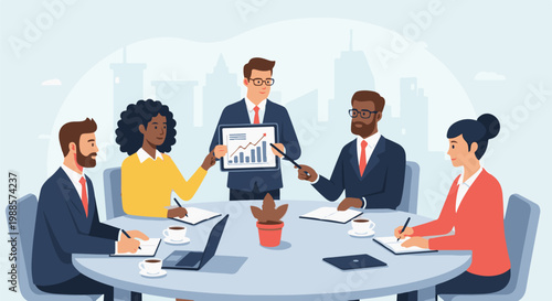 Diverse team collaborating around a table, presenting financial data on a tablet