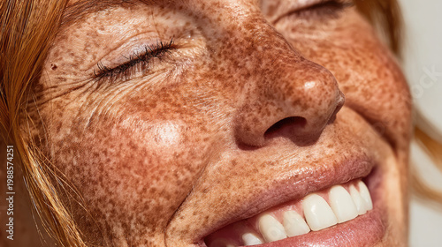 Closeup of a Smiling Woman with Freckles Enjoying the Sunlight.