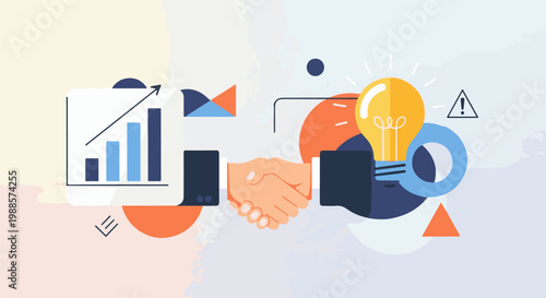 Business agreement with rising graph, idea bulb, and geometric shapes on abstract background