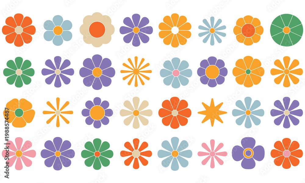 Obraz premium Set of colorful retro flowers in flat vector illustration style for spring themes greeting cards and vibrant creative project design assets