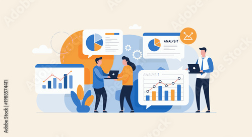 Business professionals analyzing data on laptops with charts and graphs