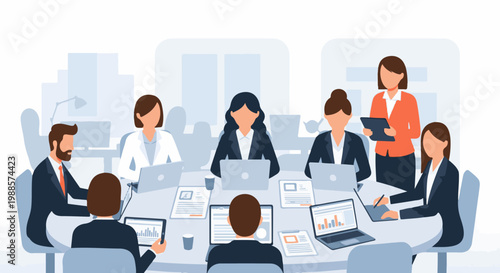A diverse group of professionals collaborate around a table with laptops and documents, fostering a productive work environment