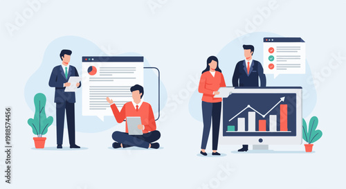 Business professionals analyze charts and data on screens