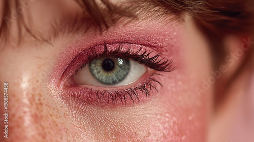 Closeup of a womans eye with pink eyeshadow and long lashes.