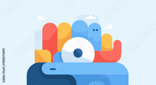 Abstract shapes form a playful, colorful composition with a central circular element