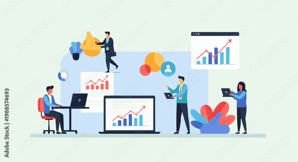 Fototapeta premium Diverse individuals collaborate, analyze data, and present growth trends in a modern digital workspace