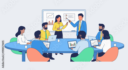 Diverse team collaborating in a modern meeting room, presenting data