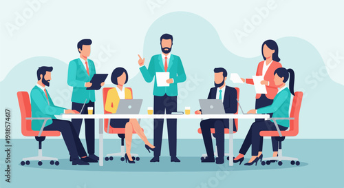 Professionals in a meeting, discussing ideas and collaborating around a table with laptops