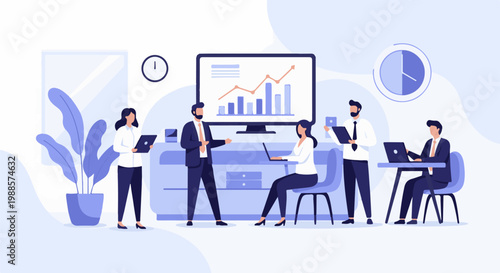 A modern office scene depicts a team collaborating around a digital display with growth charts and analytics