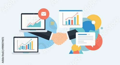 Two hands shaking, symbolizing a deal, with laptops displaying charts and graphs