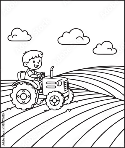 A cute farmer kid cultivate farmland with tractor in field black outline vector coloring page for children