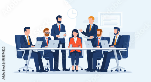 Business meeting with people at a table with laptops and documents