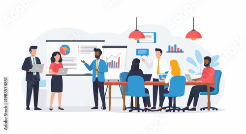 Business team collaborating at a table with laptops and a whiteboard presentation