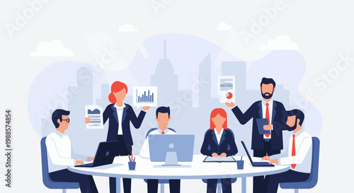 Business meeting with team analyzing charts and reports