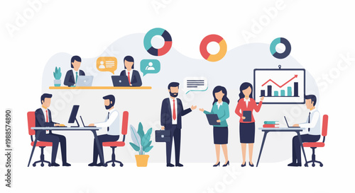 Diverse professionals collaborate in a modern office setting, analyzing data and charts