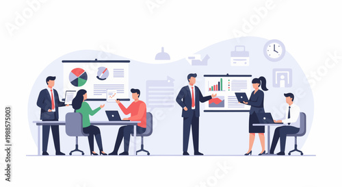 Business meeting with presentations on charts and graphs