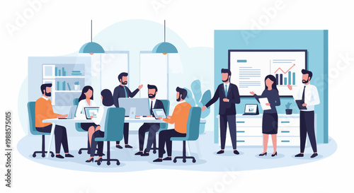 Diverse professionals in a modern office collaborating around a table and a presentation screen