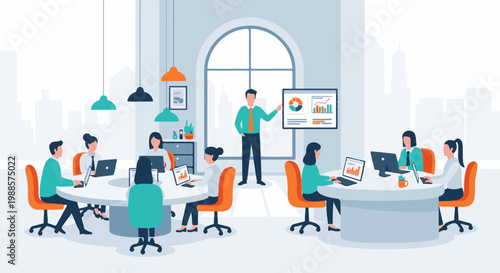 Office meeting with a presenter showing data charts. People work on laptops around tables