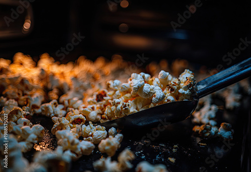 Closeup of popcorn being scooped with a metal spatula.