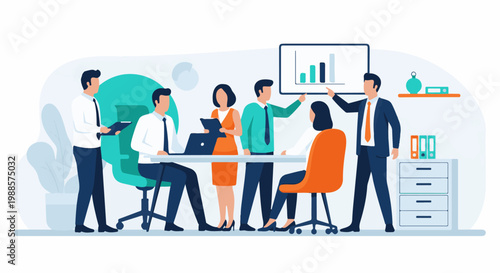 Team collaborates in office, discussing progress on a whiteboard chart