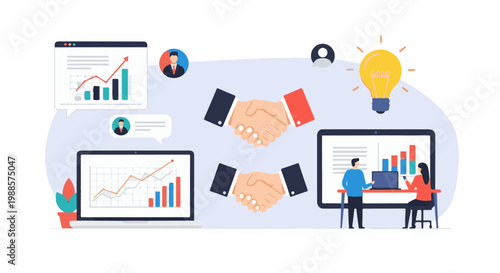 Flat design illustration of business collaboration with graphs, handshakes, and a lightbulb