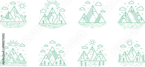 Beautiful line art mountain landscapes with trees clouds and sun rays isolated on transparent background