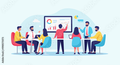 Diverse team in a modern meeting room, presenting growth charts on a screen