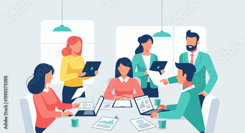 Diverse professionals collaborate in a modern meeting room, using laptops and documents