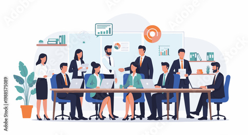 Diverse professionals in a modern meeting room collaborate effectively