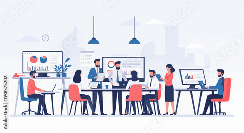 Colleagues analyze data and discuss strategy in a modern office setting