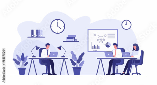 A minimalist illustration of office workers collaborating and analyzing data at their desks