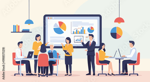 Colleagues collaborate in a bright office meeting, analyzing charts and graphs on a large screen