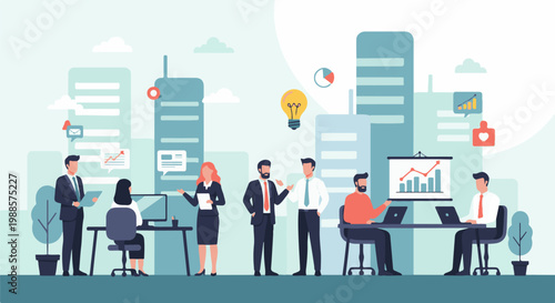 Diverse professionals collaborating amidst modern city architecture, discussing strategy