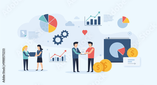 Colleagues collaborate on financial data, charts, and graphs, symbolizing growth and teamwork