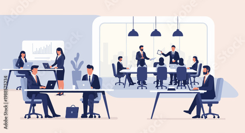 Colleagues collaborate in a modern office with laptops and meeting spaces