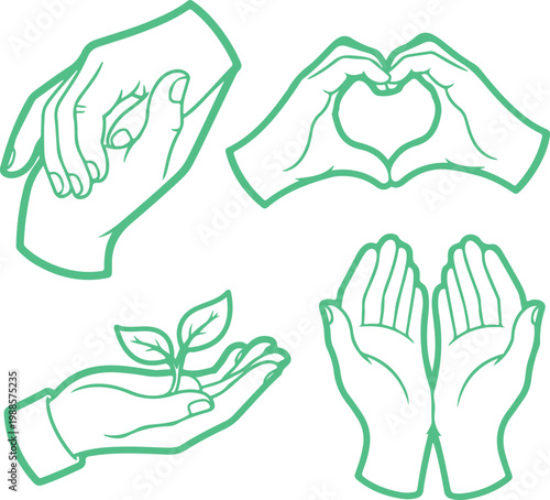 Collection of hand gestures illustrating care nature love and growth concepts with green line art design