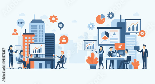 Business professionals collaborate around data and cityscapes, visualizing growth and analytics