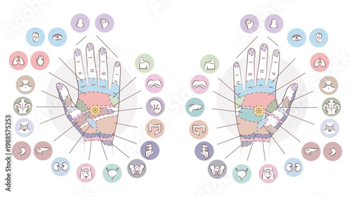 Hand reflexology chart with organ zones