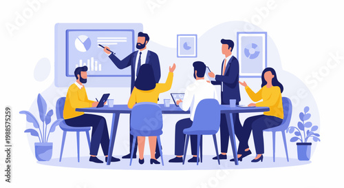 Business meeting in a modern office, with a presentation on a screen and people collaborating at a table