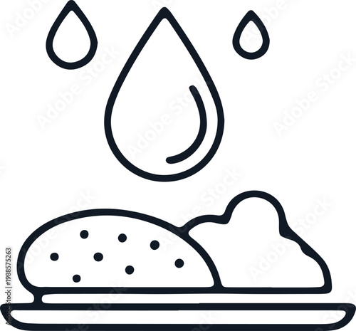 Water drops falling on pile of food on plate illustration.