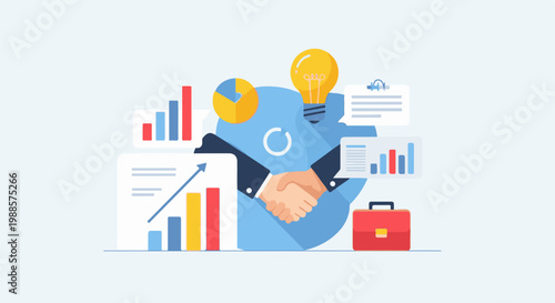 Business handshake, charts, graphs, lightbulb, and briefcase on blue background