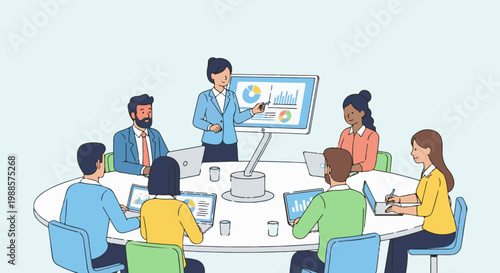 Diverse team in bright attire collaborates at a round table with laptops and presentation